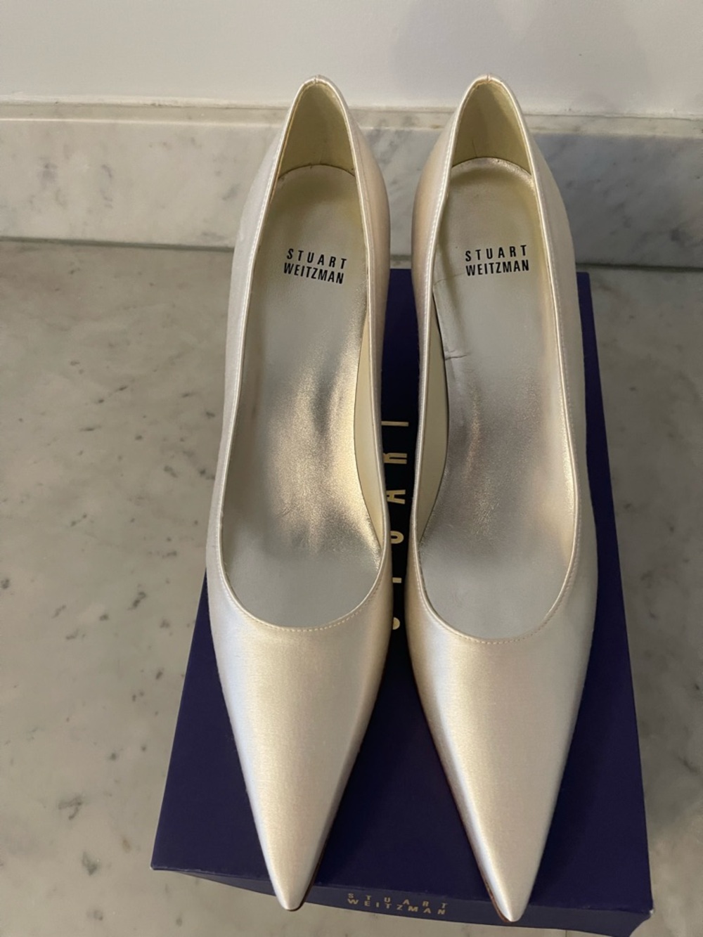 Stuart Weitzman Temptress White Satin Pointed-Toe Pumps